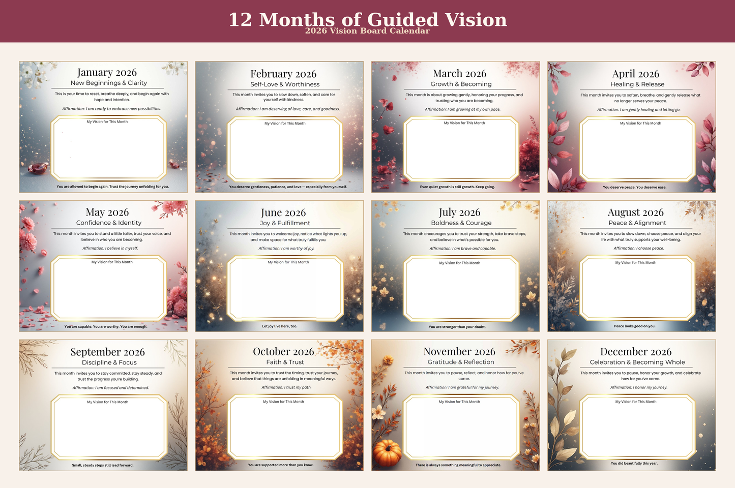 2026 Vision Board Calendar — A Guided Year of Peace, Intention & Growth